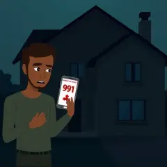 Zmartwiony mężczyzna sprawdza telefon, na którym widnieje komunikat o awarii prądu Tauron.