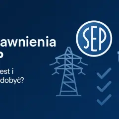 Uprawnienia SEP: co to jest i jak je zdobyć? Grafika przedstawia symbol SEP, linię energetyczną, wtyczkę i zaznaczone punkty.