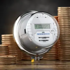 Licznik energii elektrycznej otoczony stosami monet. Symbolizuje to wysokie koszty prądu i potrzebę oszczędzania, lub dodatek energetyczny.