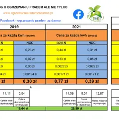 Tabela z cenami prądu PGE Rzeszów i Taryfy G11 w latach 2019 i 2021.