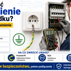 Instrukcja bezpiecznego uziemienia w gniazdku. Sprawdź przewód PE, wyłącz zasilanie, zleć pomiary elektrykowi. Nie ignoruj braku przewodu ochronnego.