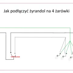 Schemat pokazuje, jak podłączyć żyrandol na 4 żarówki, z zaznaczonym przełącznikiem i przewodami N (neutralny) i L (fazowy).