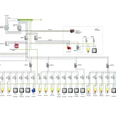 Schemat instalacji elektrycznej z rozdzielnią, agregatem i zabezpieczeniami. Widoczny bezpiecznik B16, który chroni obwody o mocy do 3.68 kW.