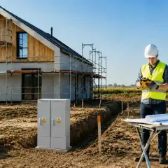 Budowa domu, pracownik w kamizelce odblaskowej sprawdza dokumenty. W tle skrzynka elektryczna i słup energetyczny, planowane zwiększenie mocy przyłączeniowej Tauron.