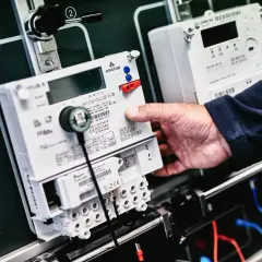 Dłoń manipuluje przy liczniku energii elektrycznej, przygotowując go do przepisania licznika PGE.