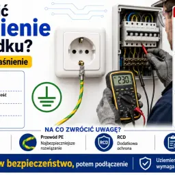 Instrukcja bezpiecznego uziemienia w gniazdku. Sprawdź przewód PE, wyłącz zasilanie, zleć pomiary elektrykowi. Nie ignoruj braku przewodu ochronnego.