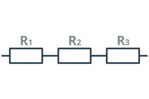 Schemat obwodu elektrycznego z trzema rezystorami R1, R2, R3 połączonymi szeregowo.