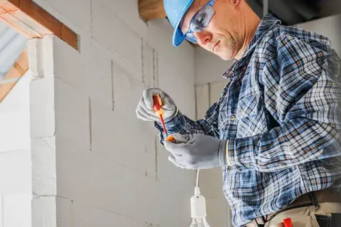 Elektryk w kasku i okularach montuje oprawkę żarówki. Cena za punkt elektryczny zależy od złożoności instalacji.