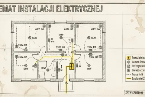 Schemat instalacji elektrycznej mieszkania z oznaczeniami gniazd, lamp i przełączników. Określenie instalacja elektryczna cena robocizny wymaga analizy tego projektu.
