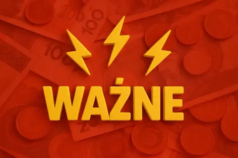 Ważne! Trzy żółte błyskawice nad napisem "WAŻNE" na tle polskich banknotów i monet. Temat: zamrożenie cen prądu.