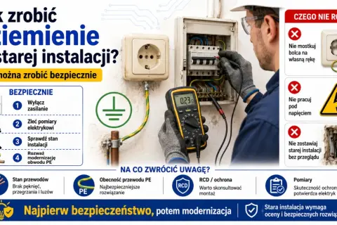 Elektryk sprawdza uziemienie w starej instalacji multimetrem. Poradnik "Jak zrobić uziemienie w starej instalacji" pokazuje bezpieczne kroki i czego unikać.