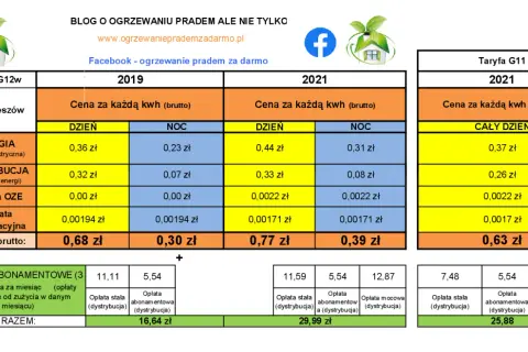 Tabela z cenami prądu PGE Rzeszów i Taryfy G11 w latach 2019 i 2021.