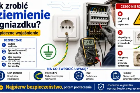 Instrukcja bezpiecznego uziemienia w gniazdku. Sprawdź przewód PE, wyłącz zasilanie, zleć pomiary elektrykowi. Nie ignoruj braku przewodu ochronnego.