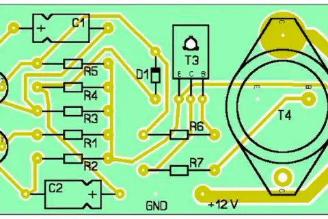 Schemat elektroniczny z elementami: T1, T2, T3, T4, R1-R7, C1, C2, D1, LAMP. Widoczne oznaczenia GND i +12 V.
