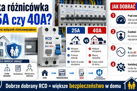 Jaka różnicówka 25A czy 40A? Wybór zależy od obciążenia, liczby obwodów i typu odbiorników. Dobrze dobrany RCD to większe bezpieczeństwo w domu.