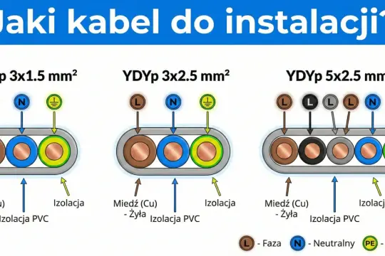 Jaki kabel od skrzynki do domu 16kW? Schemat pokazuje przekroje kabli YDYp 3x1.5, 3x2.5 i 5x2.5 mm², z żyłami miedzianymi i izolacją PVC.
