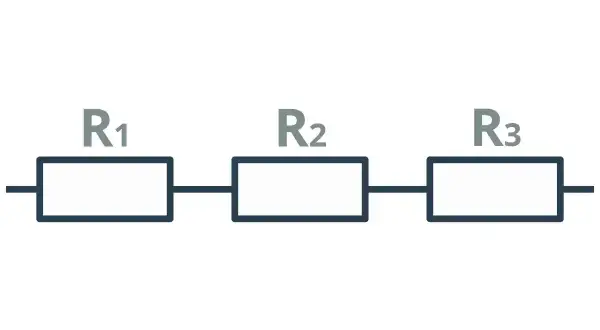 Schemat obwodu elektrycznego z trzema rezystorami R1, R2, R3 połączonymi szeregowo.
