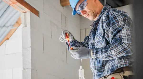 Elektryk w kasku i okularach montuje oprawkę żarówki. Cena za punkt elektryczny zależy od złożoności instalacji.