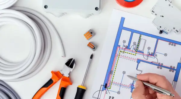 Rysunek techniczny instalacji elektrycznej, zgodny z normą PN-HD 60364-6, z materiałami i narzędziami.