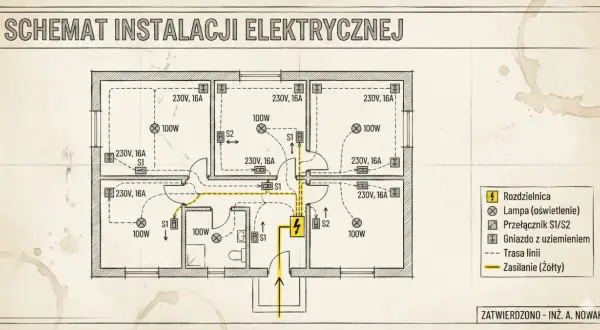 Schemat instalacji elektrycznej mieszkania z oznaczeniami gniazd, lamp i przełączników. Określenie instalacja elektryczna cena robocizny wymaga analizy tego projektu.