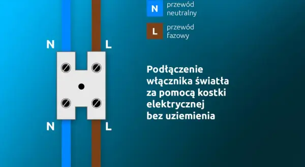 Schemat pokazuje, jak podłączyć kable w puszce pod wyłącznik światła. Przewód neutralny (N) i fazowy (L) są podłączane do kostki elektrycznej.
