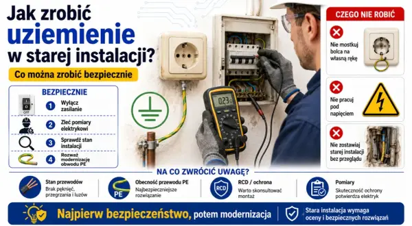 Elektryk sprawdza uziemienie w starej instalacji multimetrem. Poradnik "Jak zrobić uziemienie w starej instalacji" pokazuje bezpieczne kroki i czego unikać.