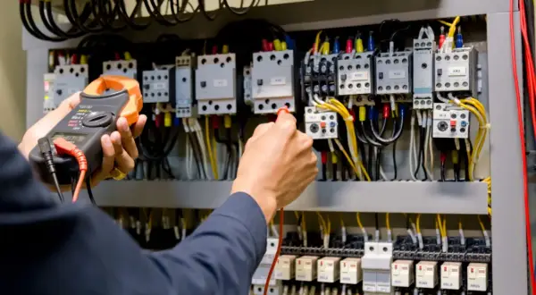 Ręce elektryka z multimetrem przy panelu sterowania. Przygotowanie do egzaminu SEP: pytania i odpowiedzi.