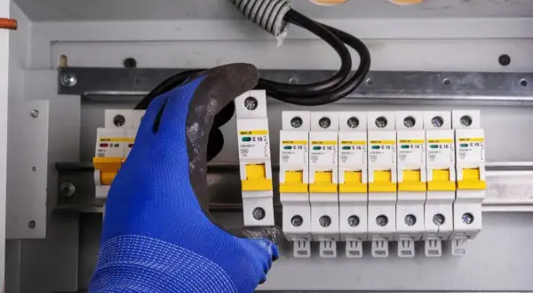 Ręka w niebieskiej rękawicy montuje bezpiecznik w skrzynce. Elektryk zabezpiecza instalację przed przepięciem.