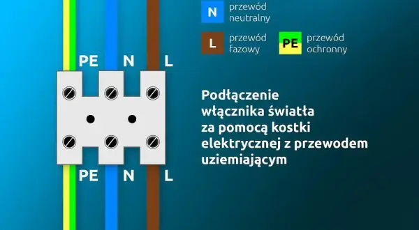 Schemat podłączenia łącznika dwubiegunowego z przewodem ochronnym (PE), neutralnym (N) i fazowym (L) za pomocą kostki elektrycznej.