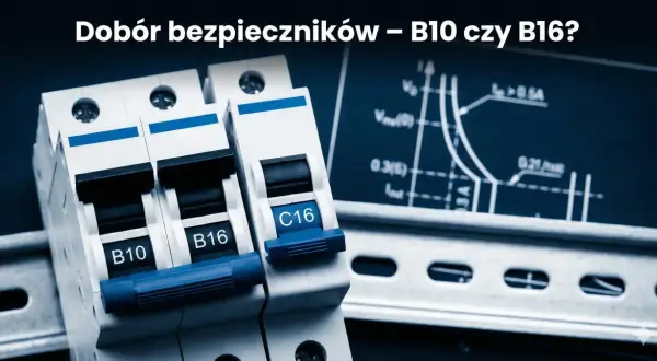 Bezpieczniki B10 i B16 na szynie DIN, obok wykresu charakterystyki. Jaki bezpiecznik do gniazdek wybrać?