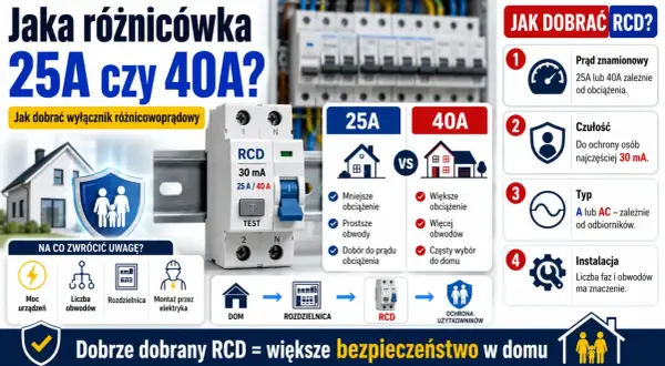 Jaka różnicówka 25A czy 40A? Wybór zależy od obciążenia, liczby obwodów i typu odbiorników. Dobrze dobrany RCD to większe bezpieczeństwo w domu.