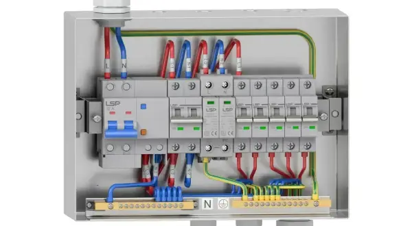 Wnętrze rozdzielni elektrycznej z wyłącznikami i przewodami. Sprawdź uzbrojenie rozdzielni elektrycznej cena.