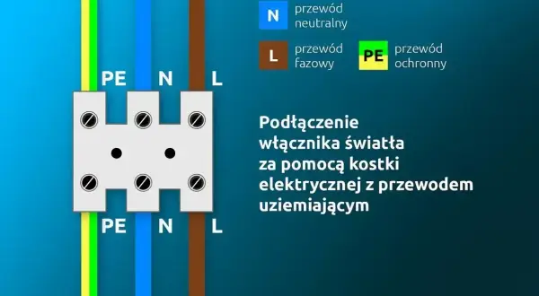 Schemat podłączenia kostki elektrycznej: przewód neutralny (N) niebieski, fazowy (L) brązowy, ochronny (PE) żółto-zielony.
