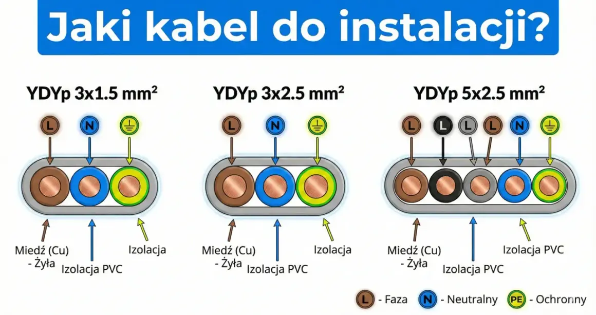 Jaki kabel od skrzynki do domu 16kW? Schemat pokazuje przekroje kabli YDYp 3x1.5, 3x2.5 i 5x2.5 mm², z żyłami miedzianymi i izolacją PVC.