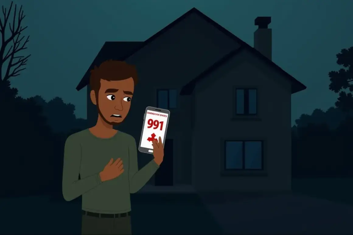 Zmartwiony mężczyzna sprawdza telefon, na którym widnieje komunikat o awarii prądu Tauron.