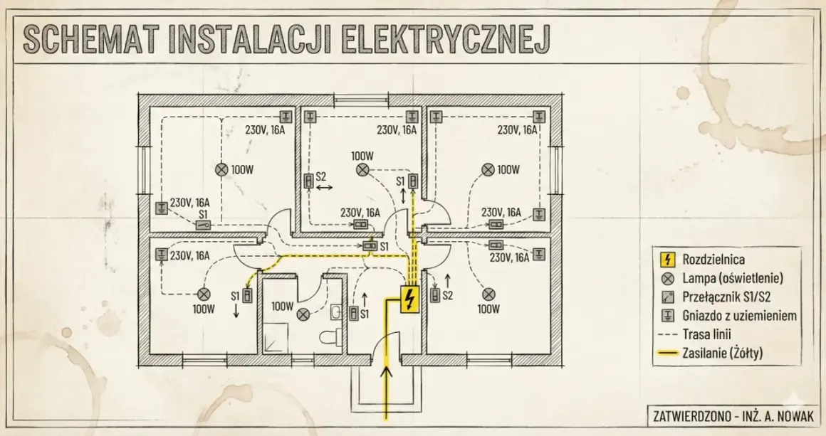 Schemat instalacji elektrycznej mieszkania z oznaczeniami gniazd, lamp i przełączników. Określenie instalacja elektryczna cena robocizny wymaga analizy tego projektu.