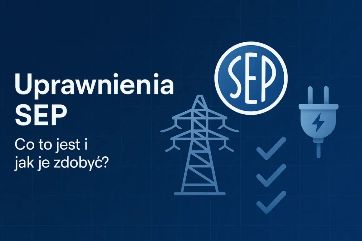 Uprawnienia SEP: co to jest i jak je zdobyć? Grafika przedstawia symbol SEP, linię energetyczną, wtyczkę i zaznaczone punkty.