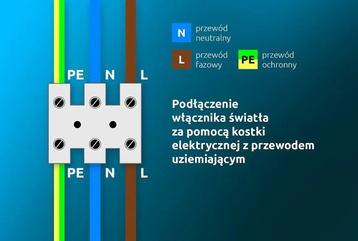 Schemat podłączenia włącznika światła podwójnego trzy przewody: PE, N, L. Ilustracja pokazuje kostkę elektryczną z oznaczeniami przewodów.