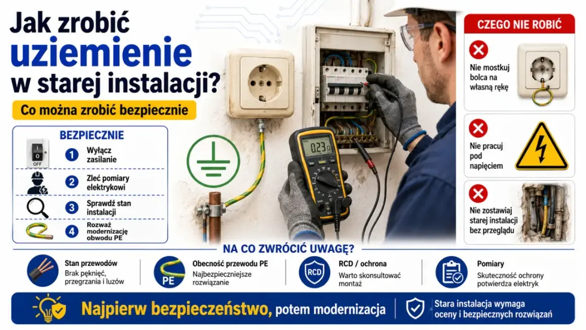 Elektryk sprawdza uziemienie w starej instalacji multimetrem. Poradnik "Jak zrobić uziemienie w starej instalacji" pokazuje bezpieczne kroki i czego unikać.
