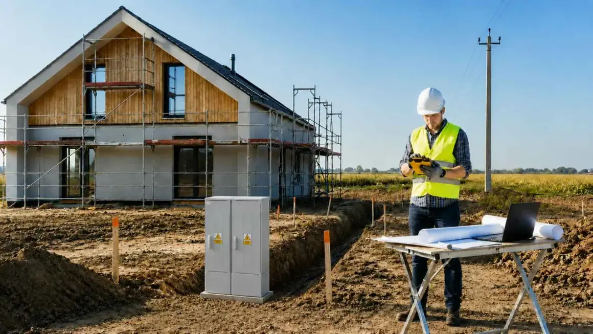 Budowa domu, pracownik w kamizelce odblaskowej sprawdza dokumenty. W tle skrzynka elektryczna i słup energetyczny, planowane zwiększenie mocy przyłączeniowej Tauron.