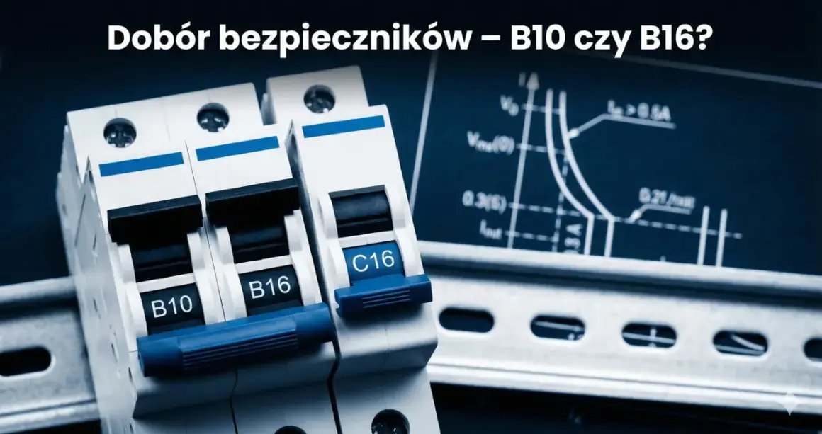 Bezpieczniki B10 i B16 na szynie DIN, obok wykresu charakterystyki. Jaki bezpiecznik do gniazdek wybrać?