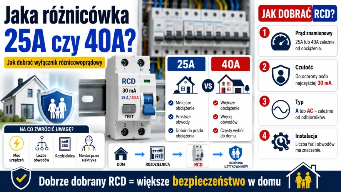Jaka różnicówka 25A czy 40A? Wybór zależy od obciążenia, liczby obwodów i typu odbiorników. Dobrze dobrany RCD to większe bezpieczeństwo w domu.