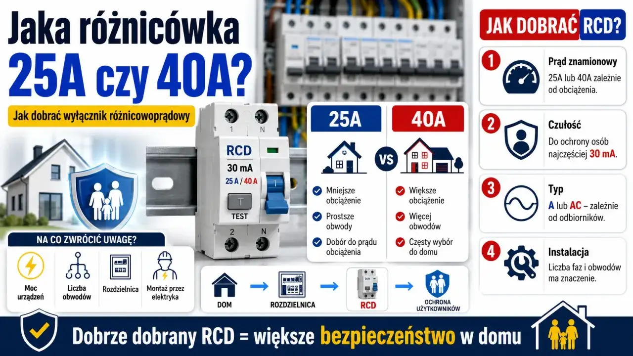 Porównanie wyłączników różnicowoprądowych: jaka różnicówka 25A czy 40A jest lepsza dla domu? Wybór zależy od obciążenia i liczby obwodów.