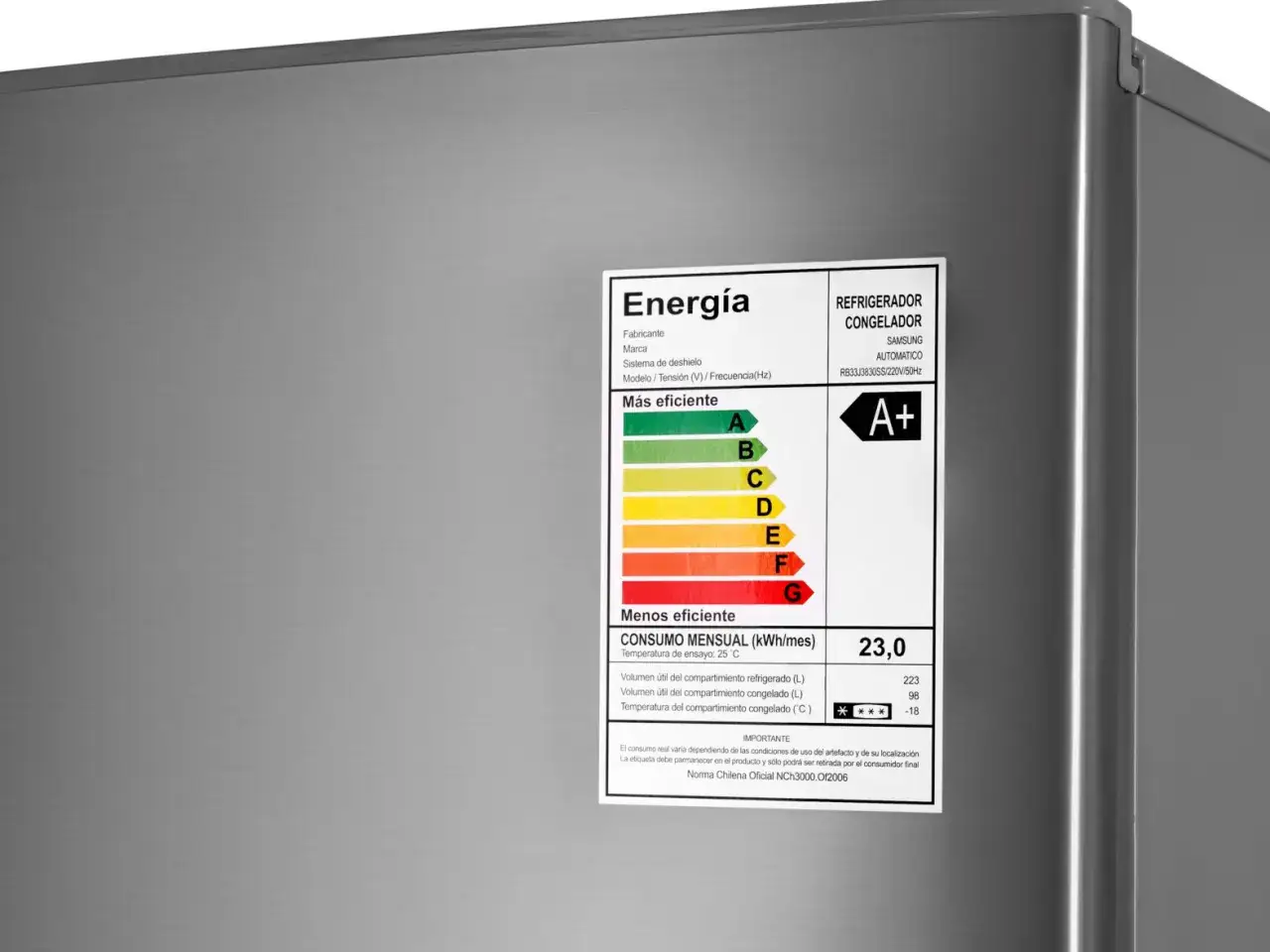 Naklejka na lodówce Samsung pokazuje jej klasy energetyczne, od A+ do G. Wyższa klasa oznacza mniejsze zużycie energii.