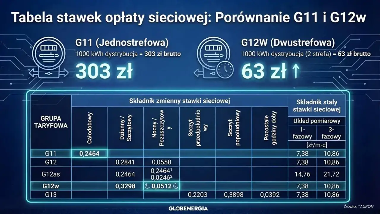 Porównanie taryf G11 i G12w: G11 kosztuje 303 zł za 1000 kWh, G12w 63 zł. Tabela stawek sieciowych pokazuje różnice.