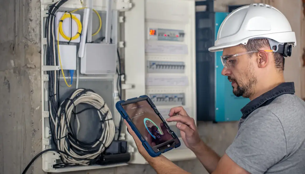 Technik w kasku i okularach kontroluje instalację elektryczną, korzystając z tabletu z aplikacją zgodną z normą PN-HD 60364-6.