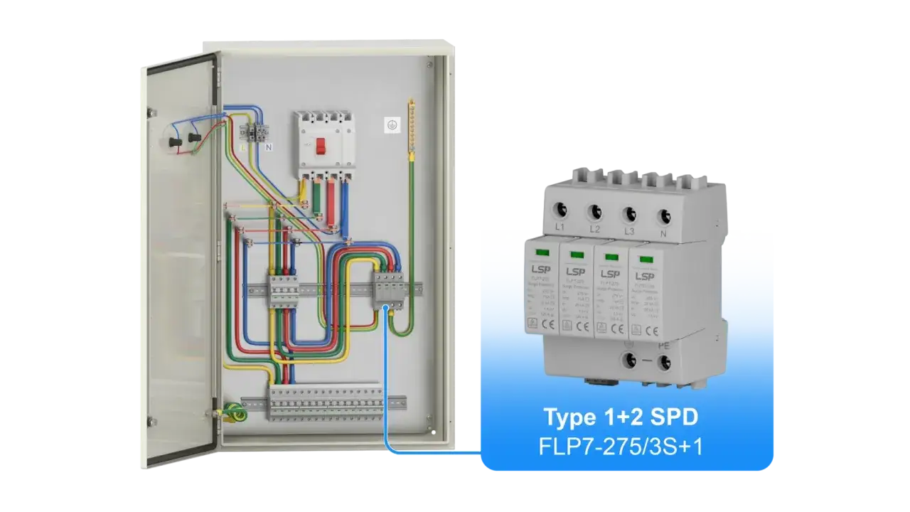 Jaki ogranicznik przepięć do domu jednorodzinnego? Zobacz instalację elektryczną z ochroną przeciwprzepięciową typu 1+2 SPD FLP7-275/3S+1.
