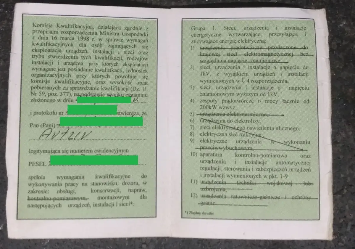 Dokument potwierdza posiadanie sep uprawnienia do pracy przy sieciach, urządzeniach i instalacjach energetycznych.