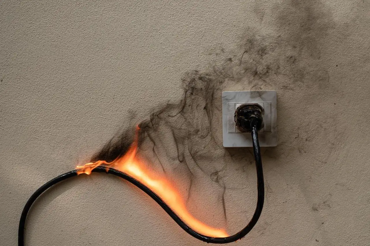 Płonący kabel w gniazdku, dym unosi się w powietrzu. Trudno określić, z której strony faza w gniazdku, ale sytuacja jest niebezpieczna.
