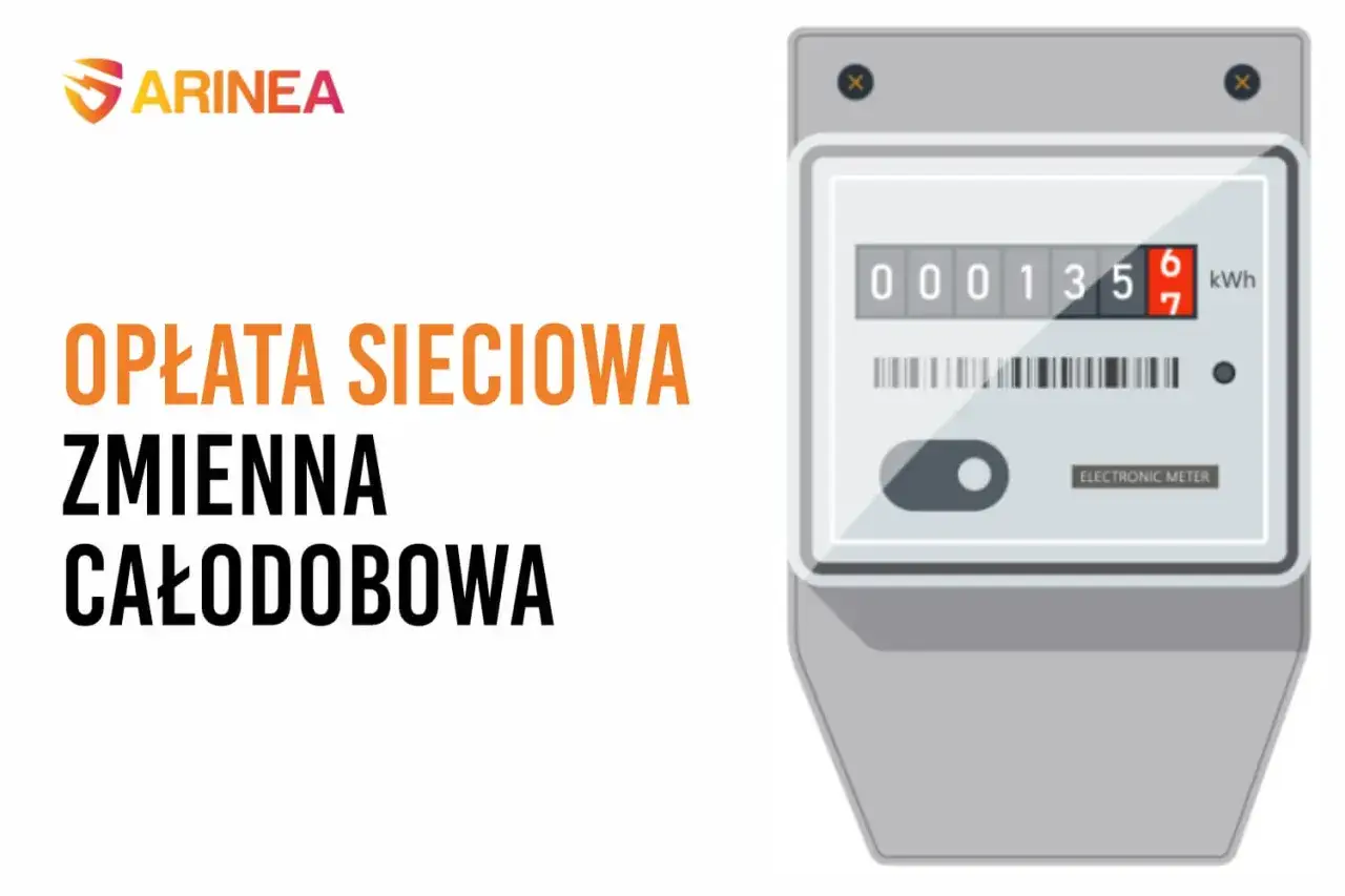 Oplata sieciowa zmienna całodobowa. Licznik energii elektrycznej pokazuje zużycie 135.67 kWh.